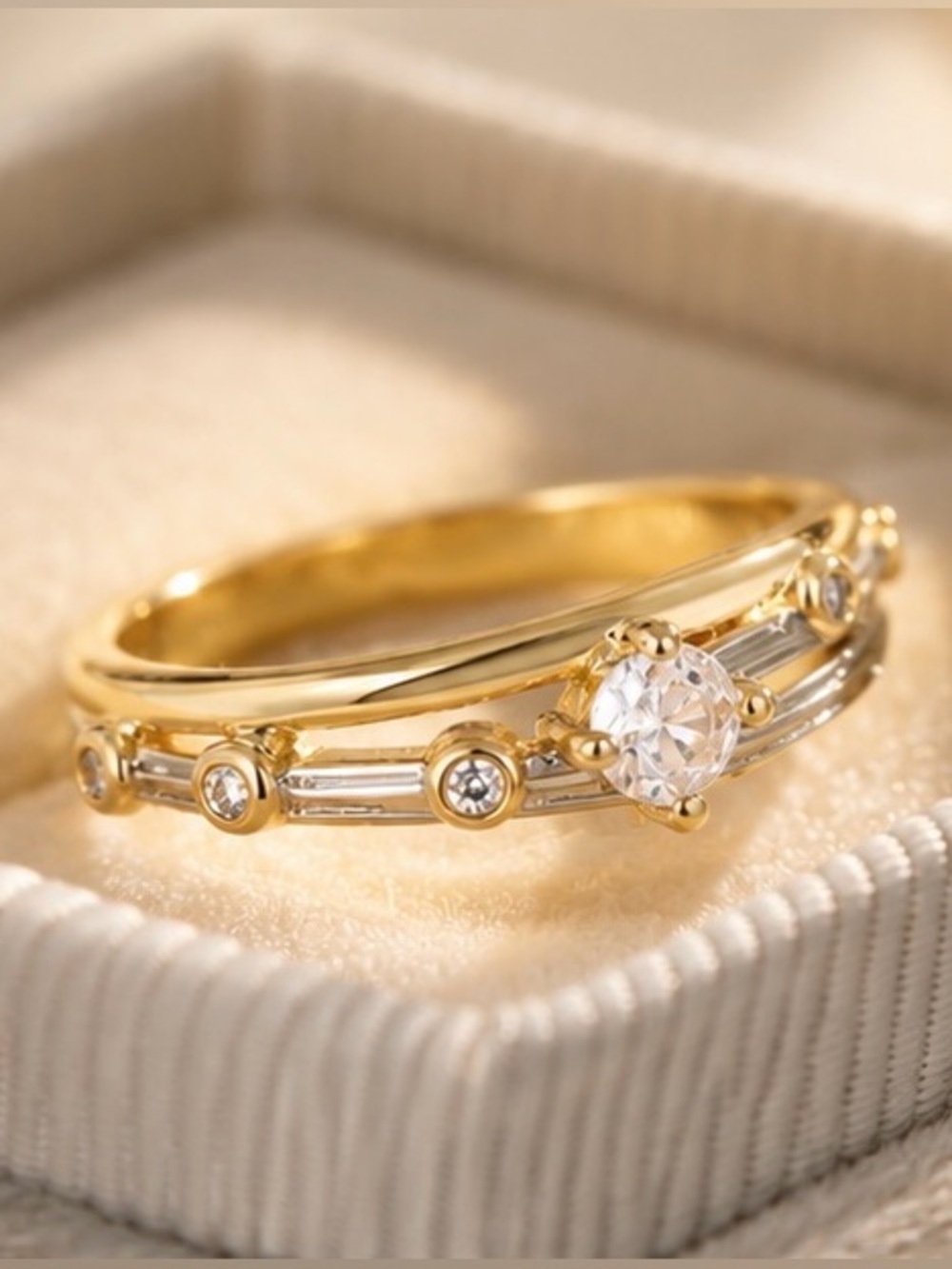 Luxury Gold Solitaire Ring with Round Cut Crystal Elegant Bridal Promise Ring